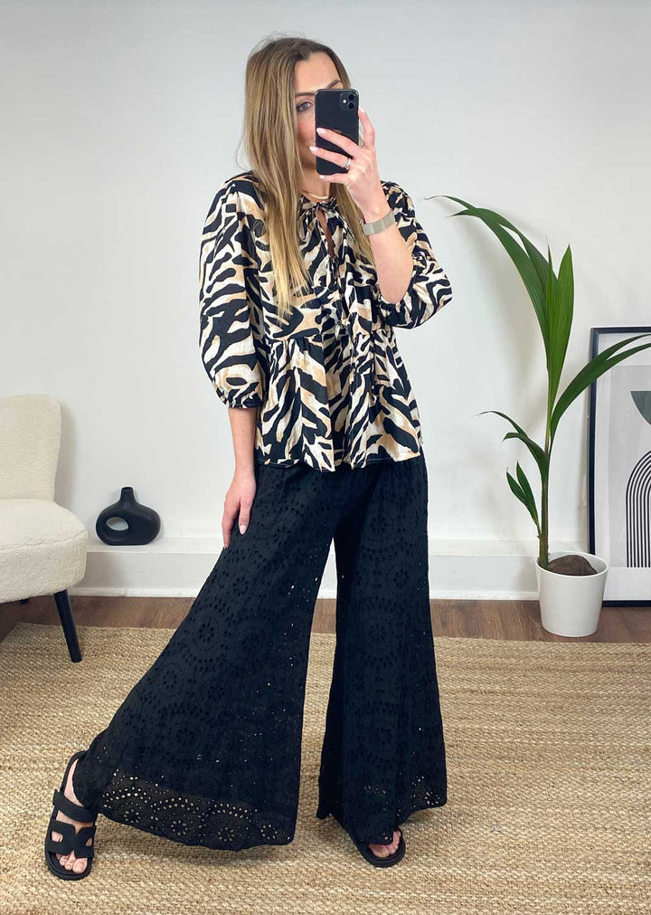 Broderie Anglaise Palazzo Pants in Black