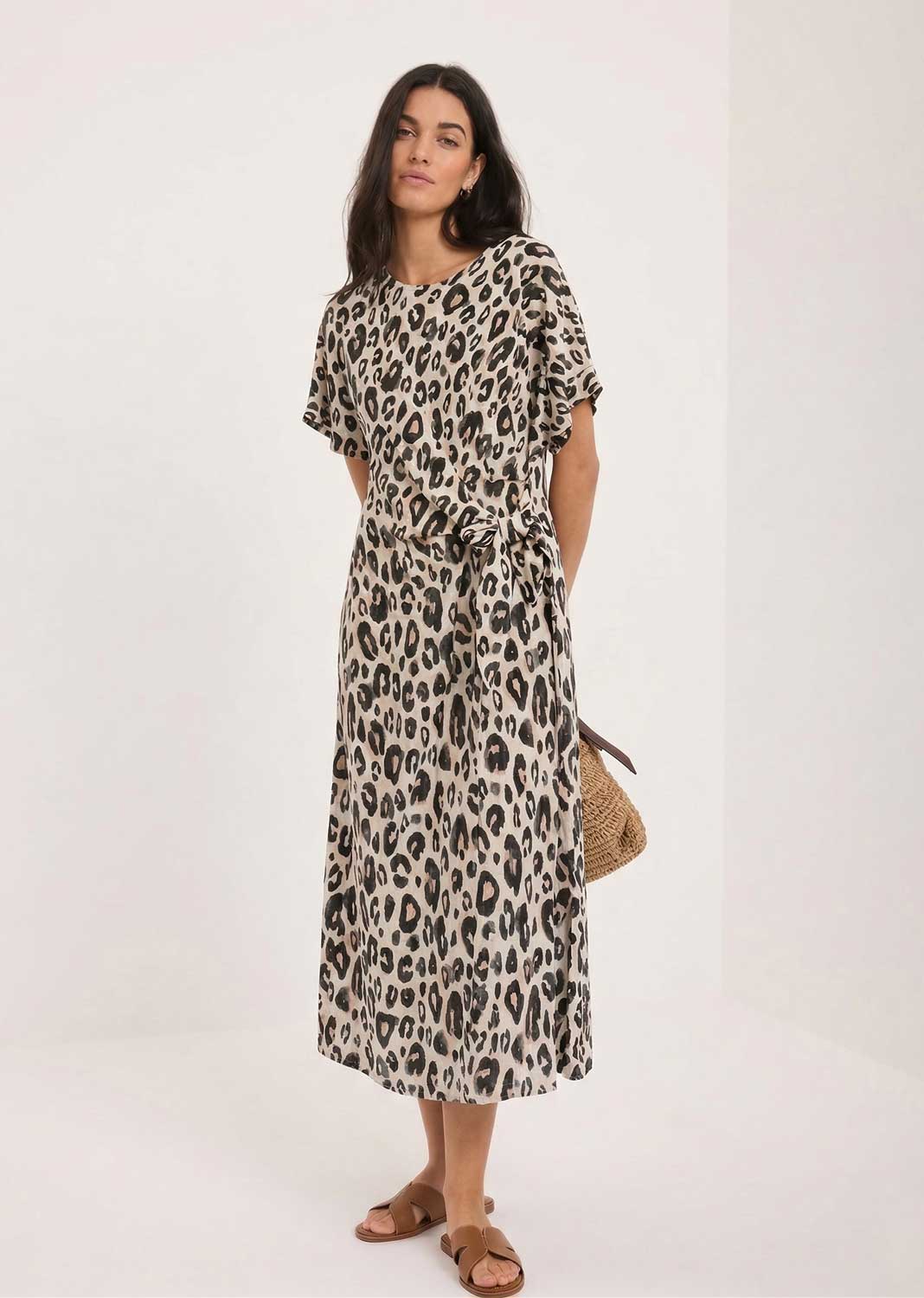 leopard tie waist dress