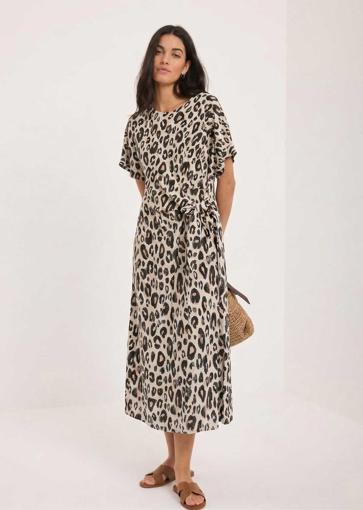 leopard tie waist dress