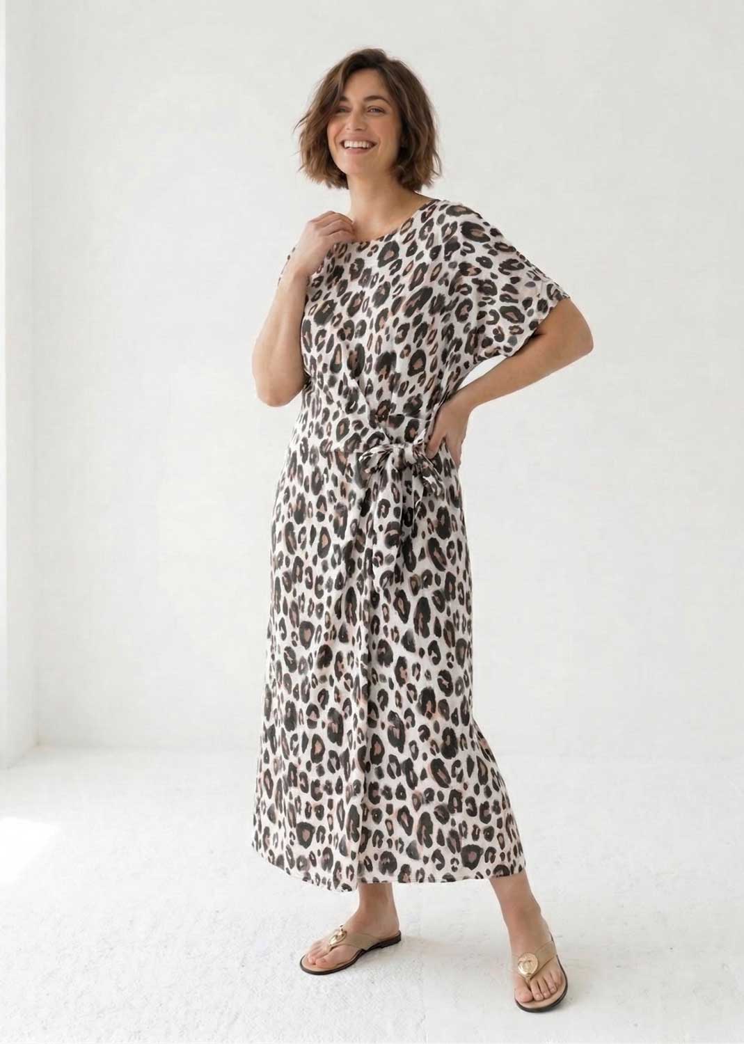 leopard tie waist dress