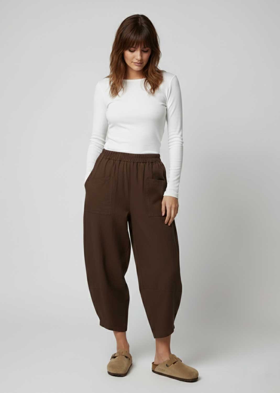 barrel leg jersey pants brown