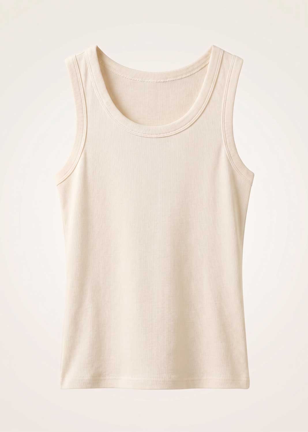 A plain sleeveless tank top in a light cream or off-white color, shown against a matching light beige background.