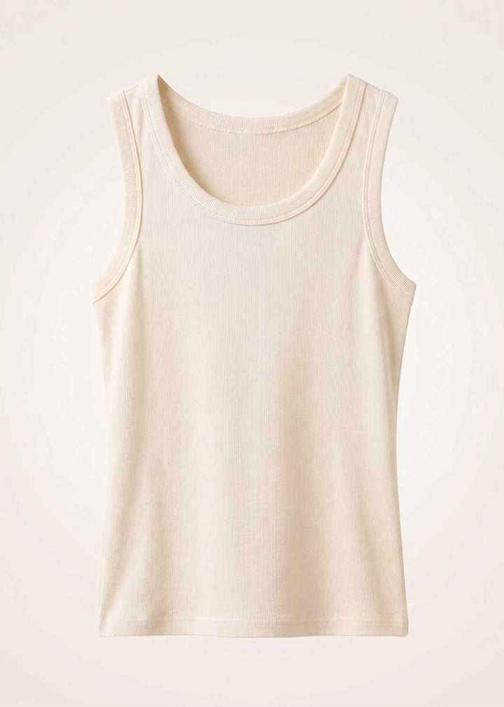 A plain sleeveless tank top in a light cream or off-white color, shown against a matching light beige background.