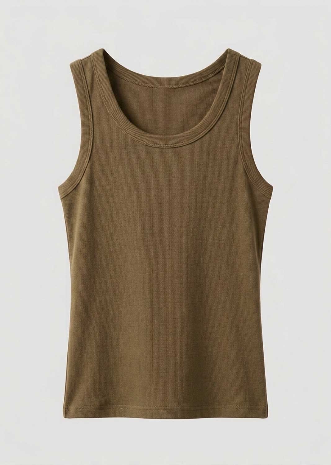 A sleeveless crew-neck tank top in a solid brown color, displayed flat against a light gray background.