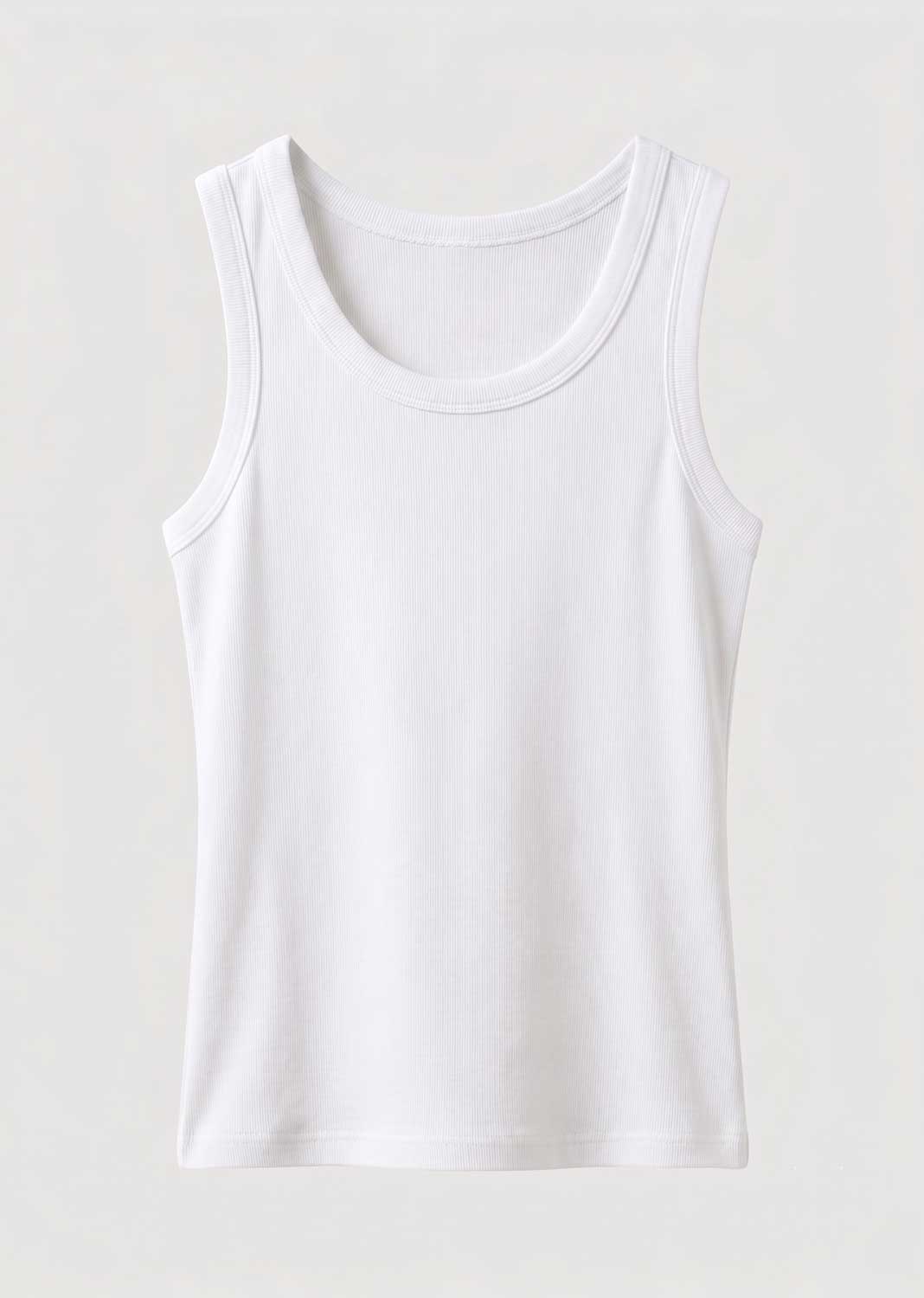 A plain white sleeveless tank top with a wide scoop neck