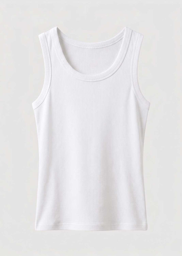 A plain white sleeveless tank top with a wide scoop neck