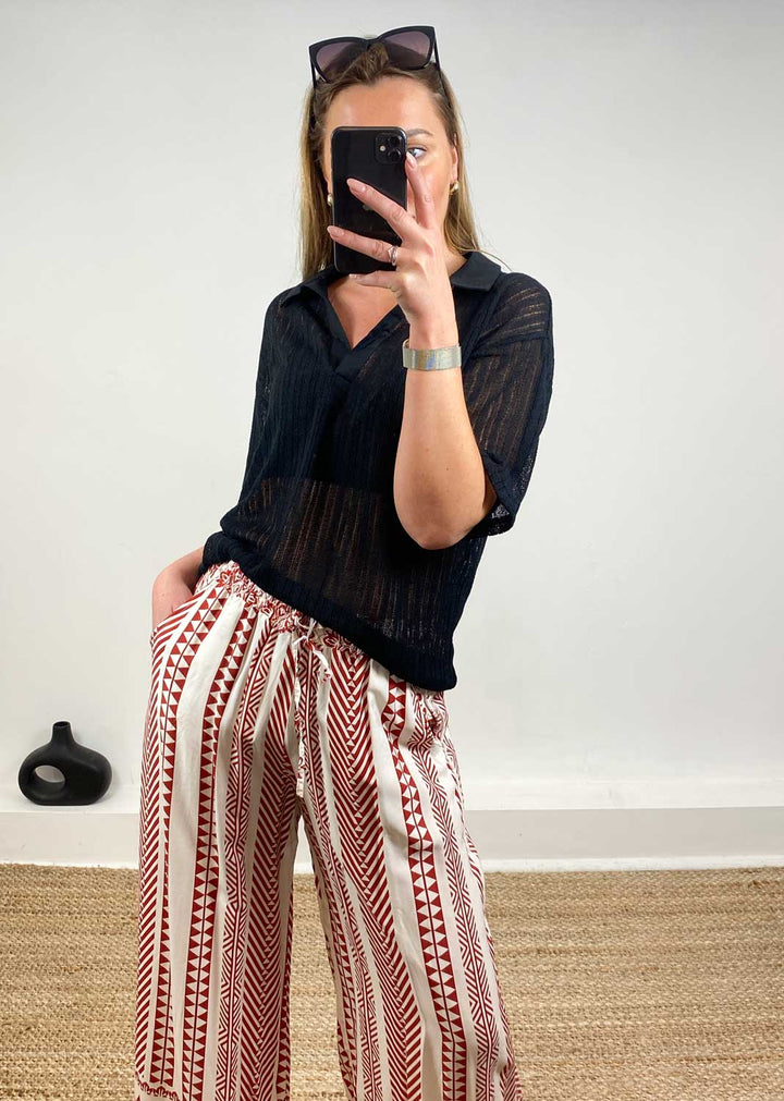 Cailey Knitted Polo Top in Black