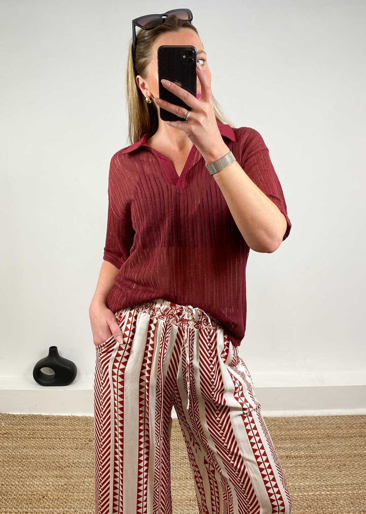 Cailey Knitted Polo Top in Burgundy