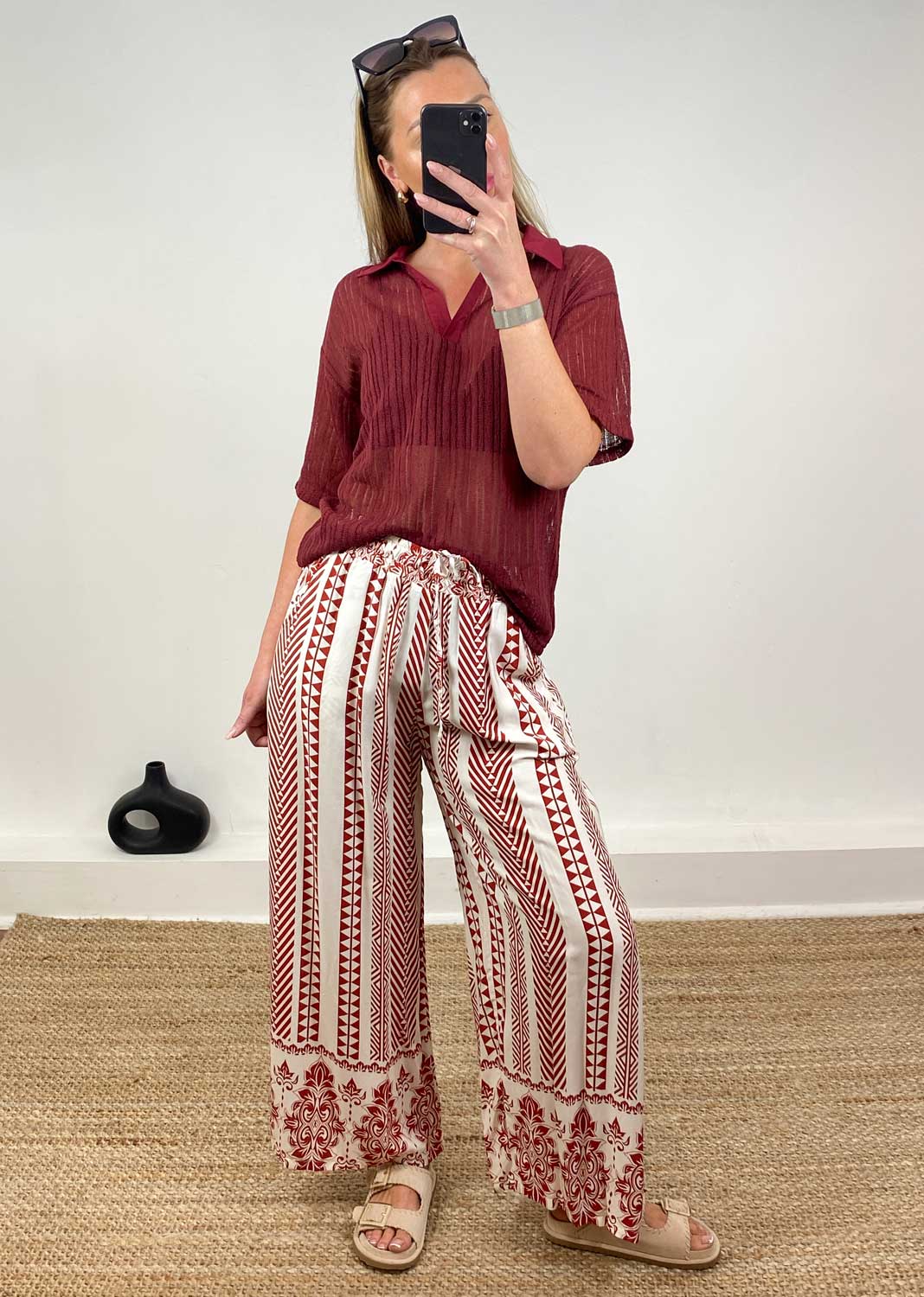 Cailey Knitted Polo Top in Burgundy
