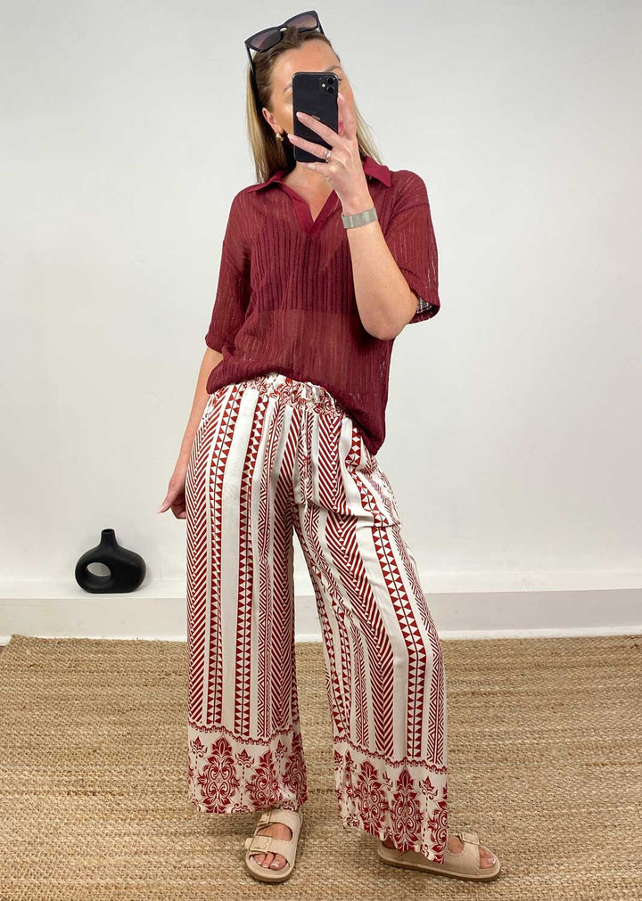 Cailey Knitted Polo Top in Burgundy