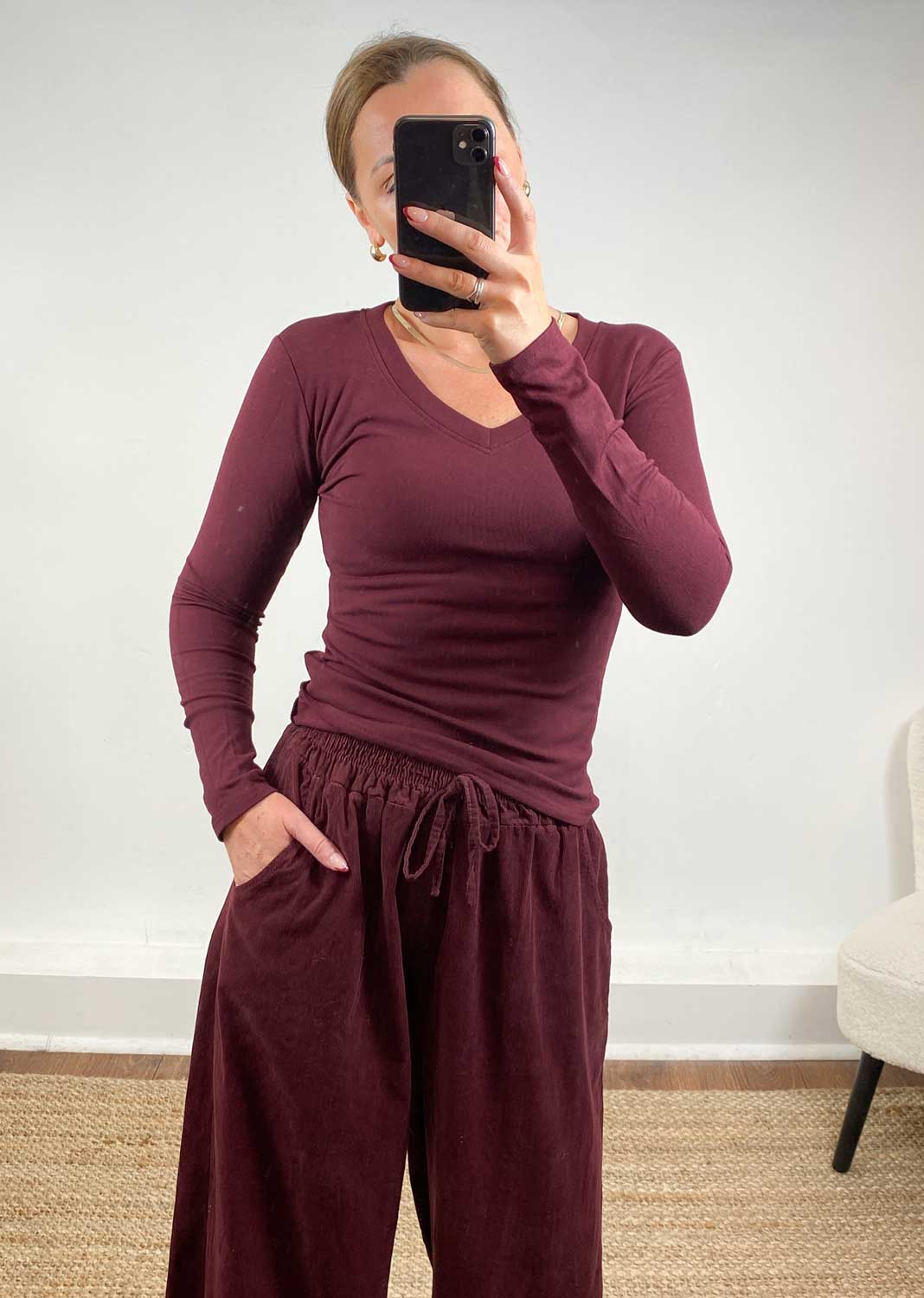 V Neck Top Burgundy