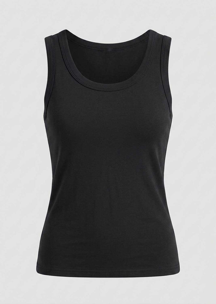 A black sleeveless tank top with a wide scoop neckline