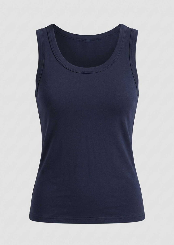 A navy blue scoop-neck tank top 