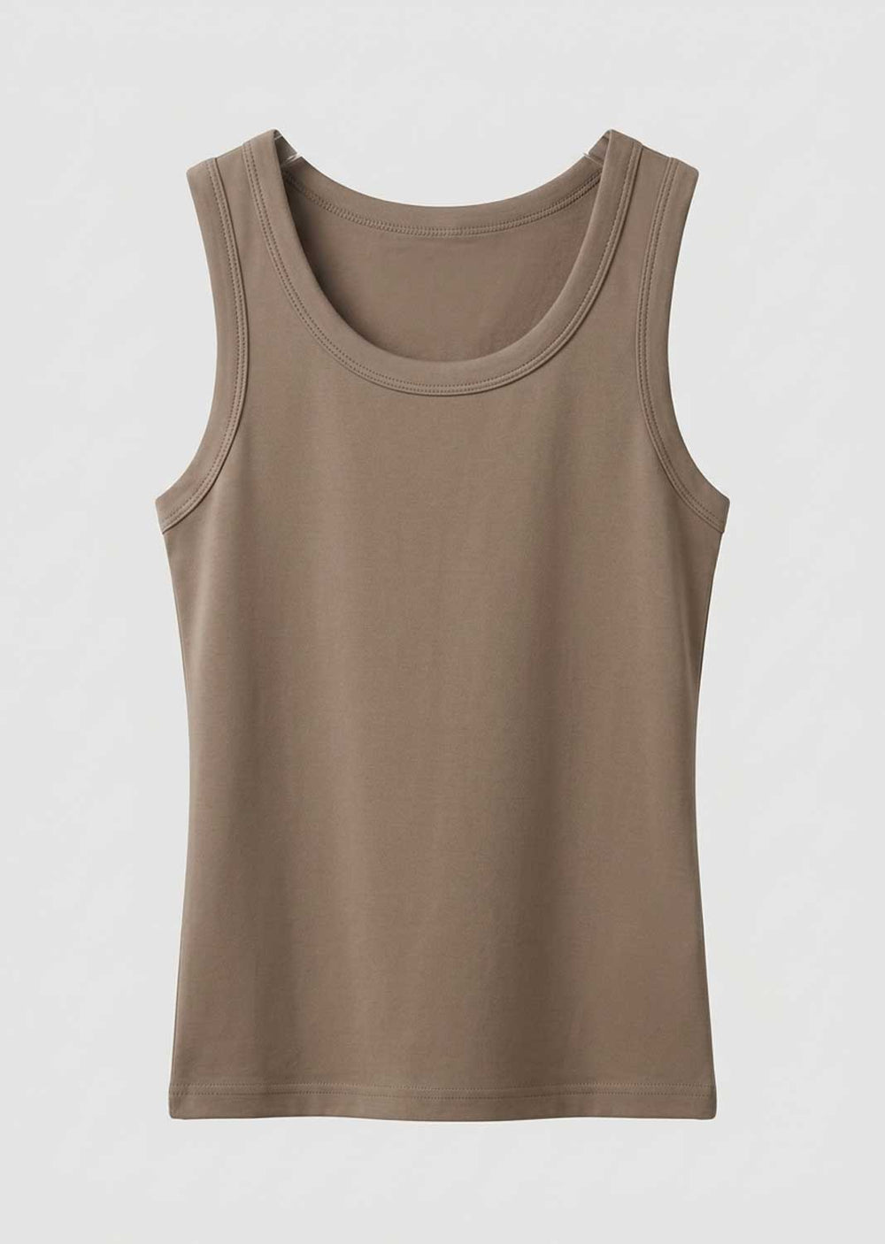 A plain sleeveless tank top in a muted taupe-brown colour