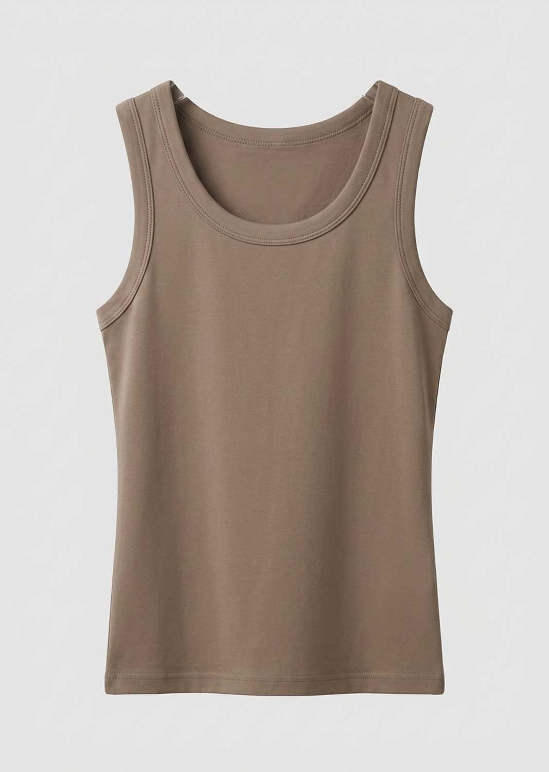 A plain sleeveless tank top in a muted taupe-brown colour