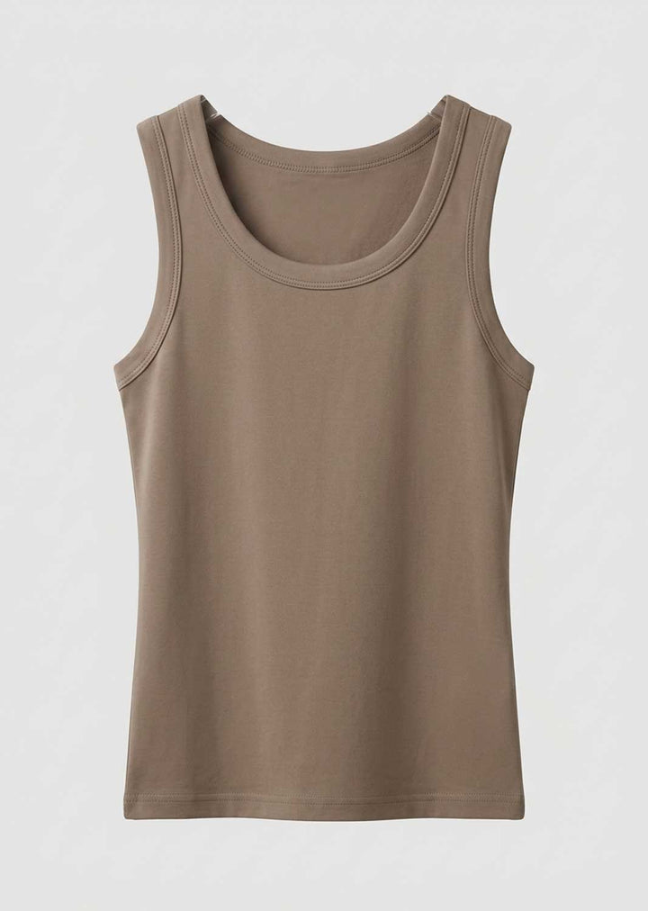 A plain sleeveless tank top in a muted taupe-brown colour