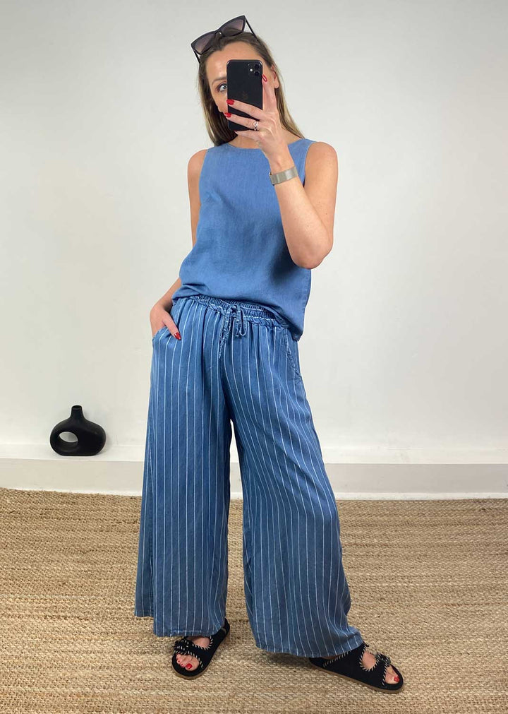 Annie Stripe Chambray Pants in Light Denim