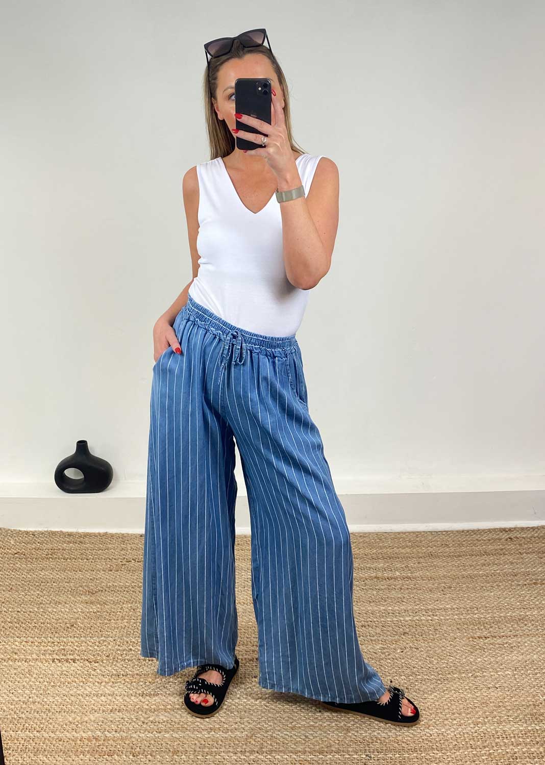 Annie Stripe Chambray Pants in Light Denim