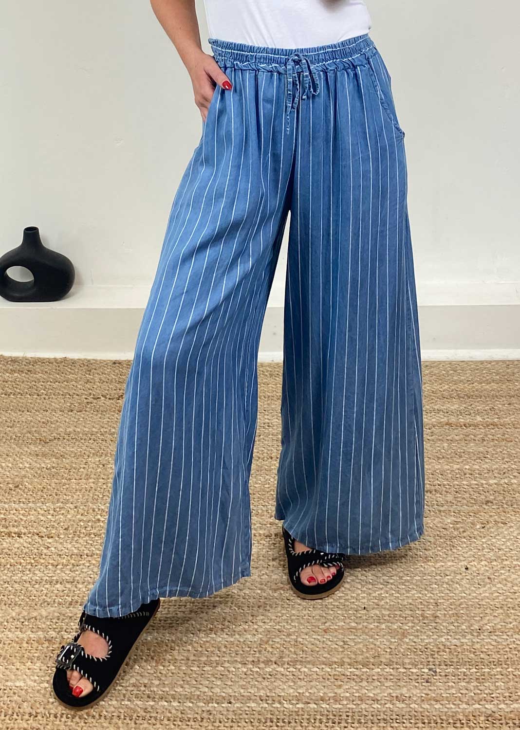 Annie Stripe Chambray Pants in Light Denim