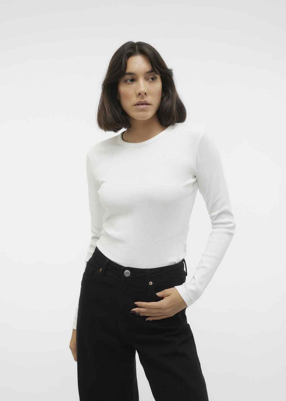White Ribbed Long Sleeve Top