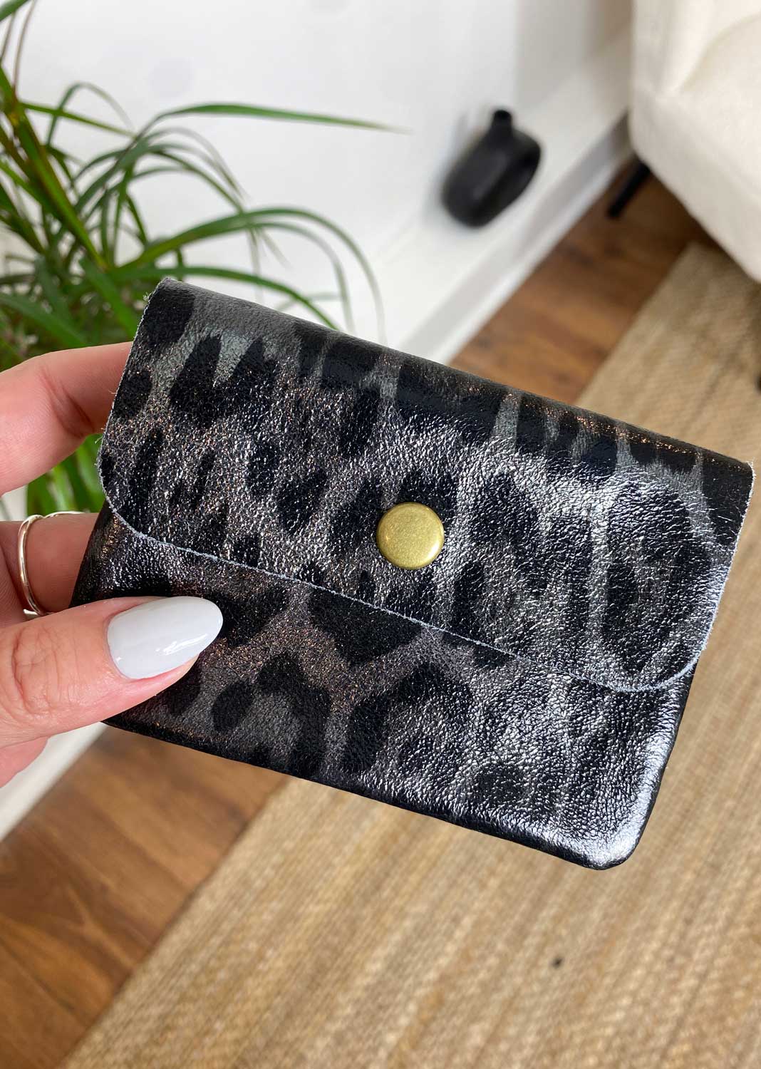 Small Metallic Leather Coin Purse - Grey Leopard