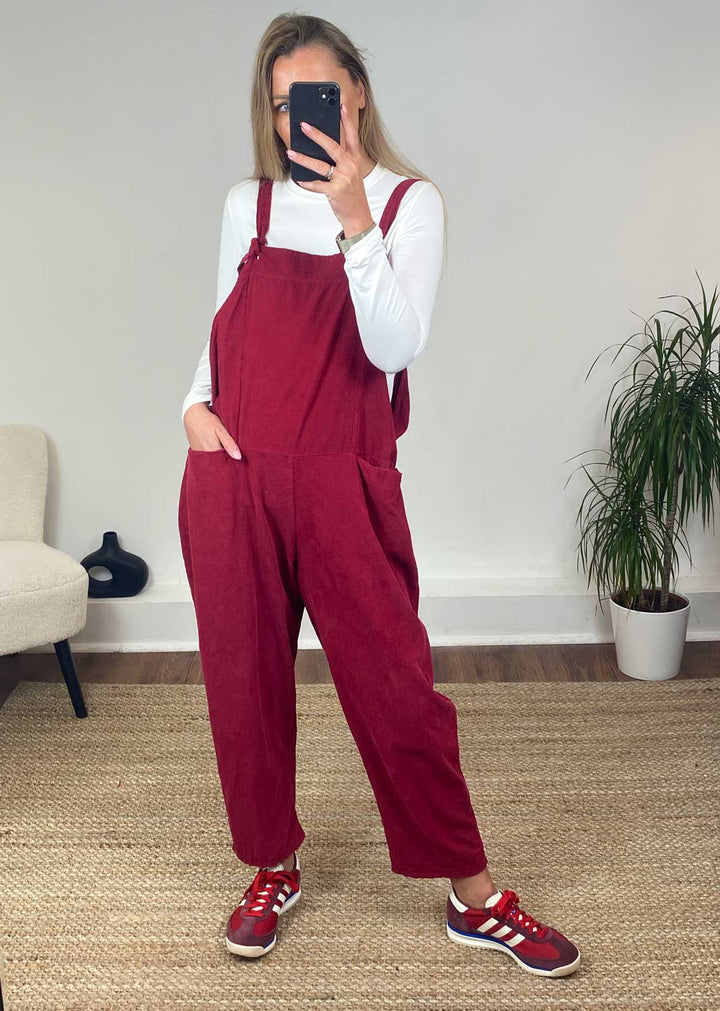 Nellie Needle Cord Dungarees in Burgundy