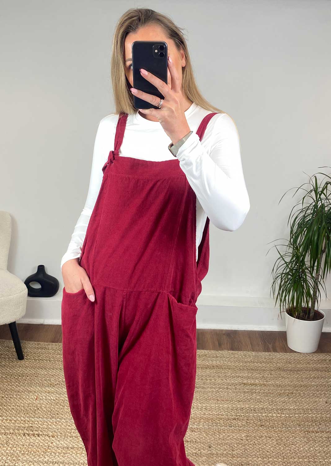 Nellie Needle Cord Dungarees in Burgundy