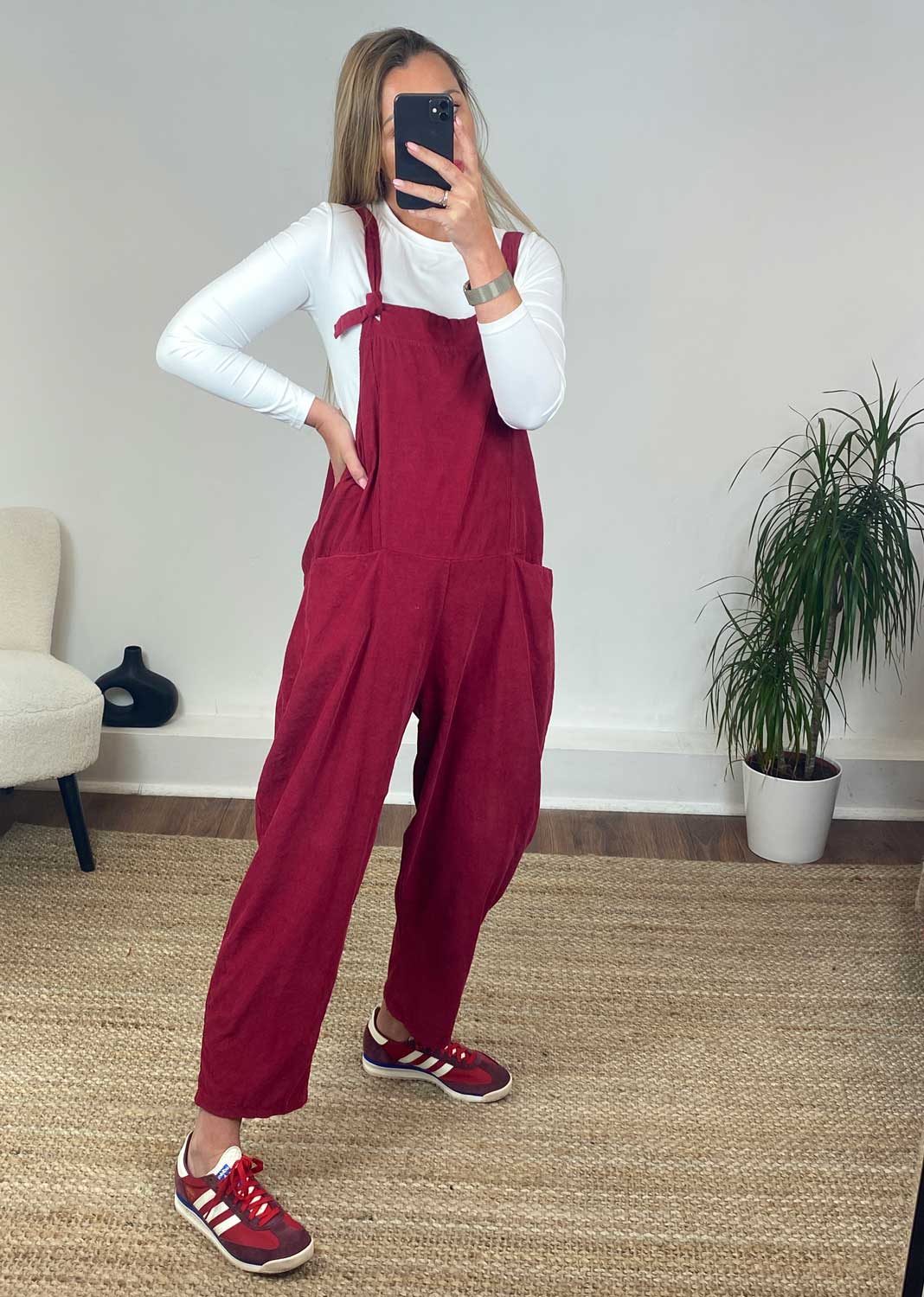 Nellie Needle Cord Dungarees in Burgundy