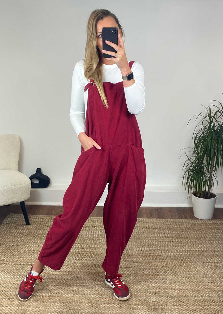 Nellie Needle Cord Dungarees in Burgundy