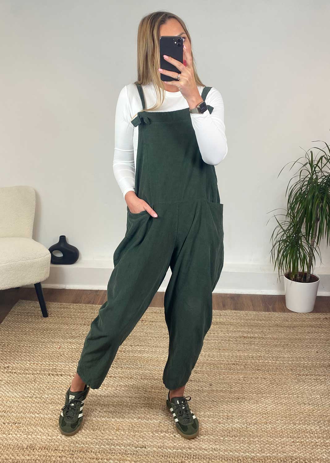 Nellie Needle Cord Dungarees in Khaki