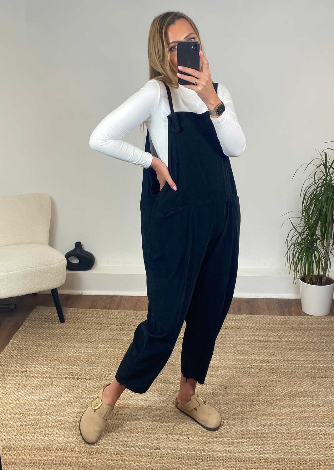 Nellie Needle Cord Dungarees in Black