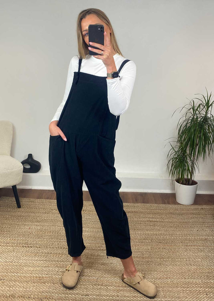 Nellie Needle Cord Dungarees in Black