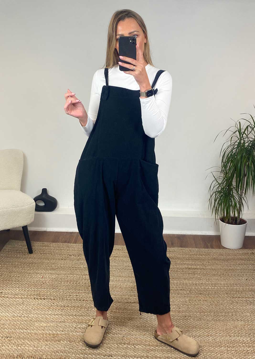 Nellie Needle Cord Dungarees in Black