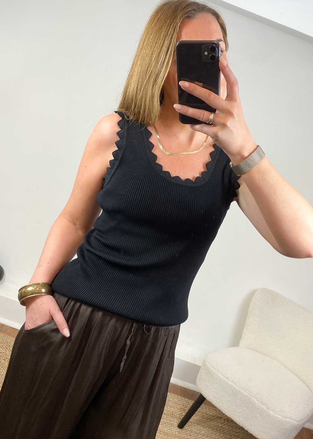 Carine Metallic Ribbed Knit Vest in Black