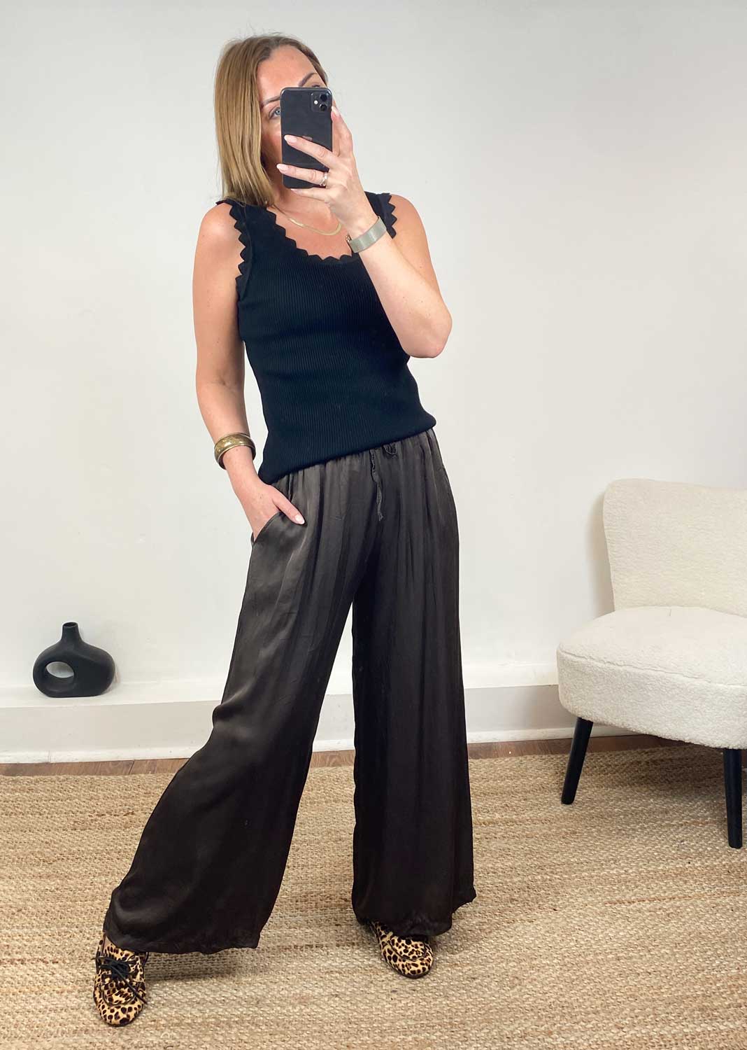 Carine Metallic Ribbed Knit Vest in Black