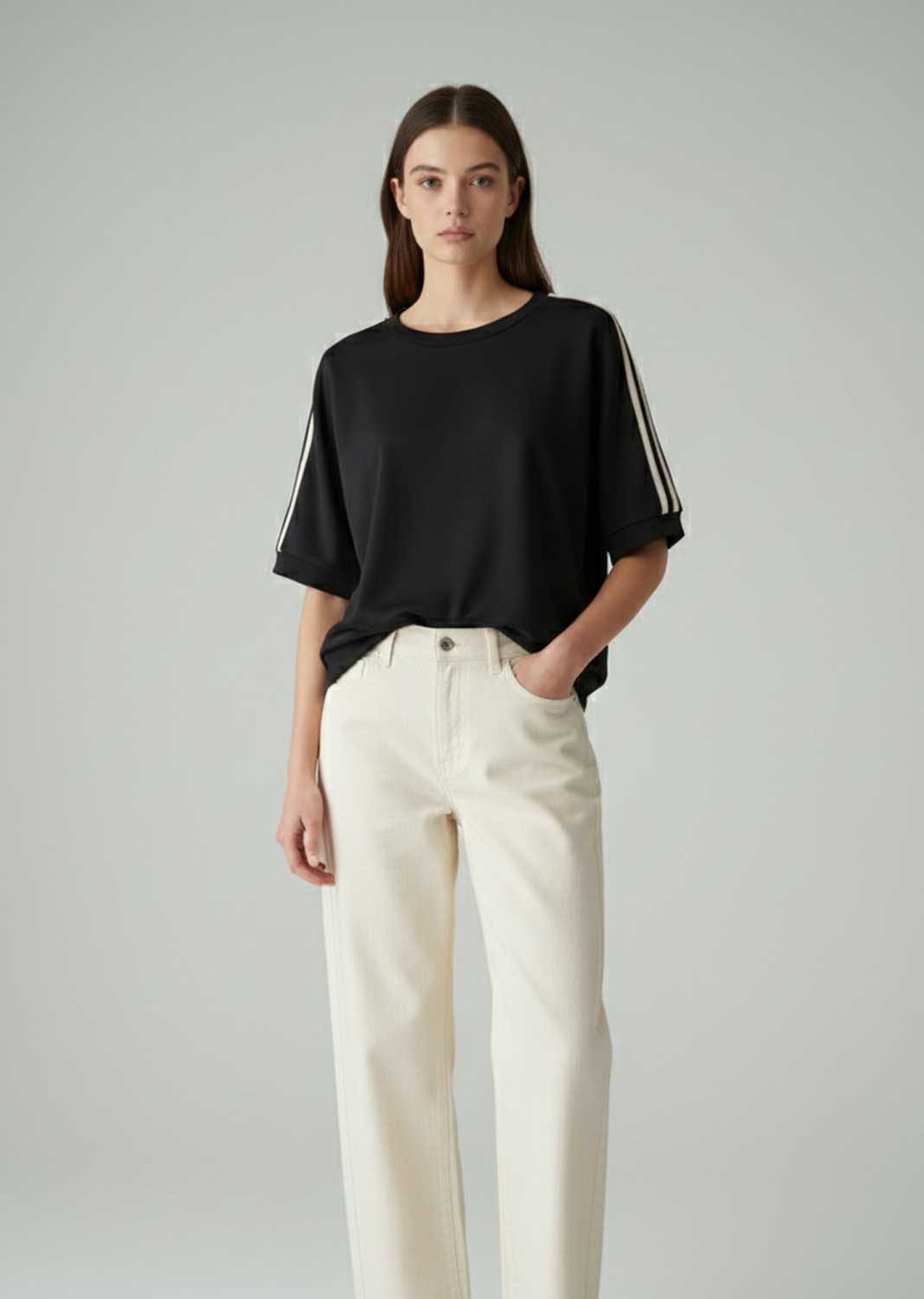 side stripe short sleeve sweater black