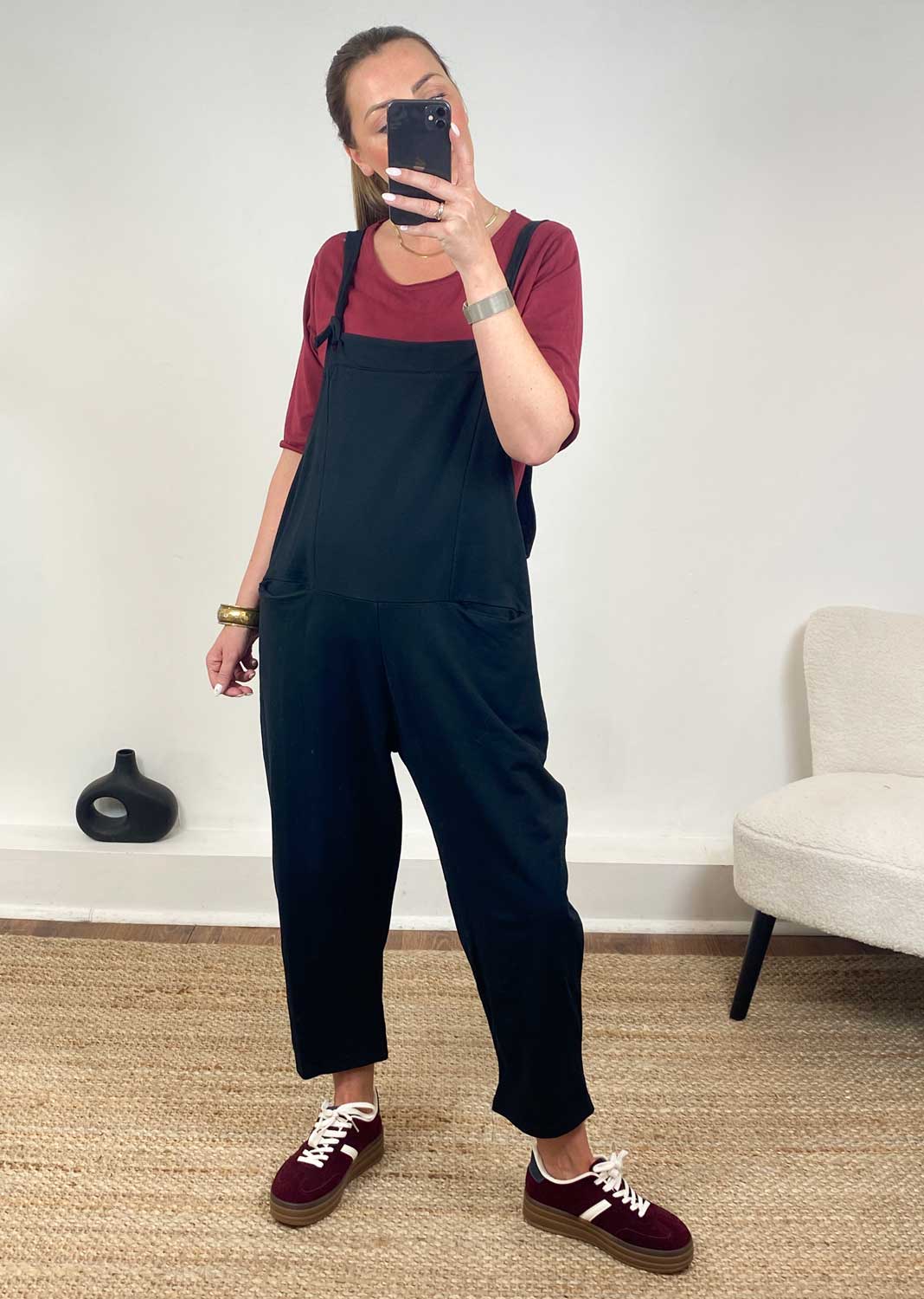 Black Jersey Dungarees and burgundy trainers