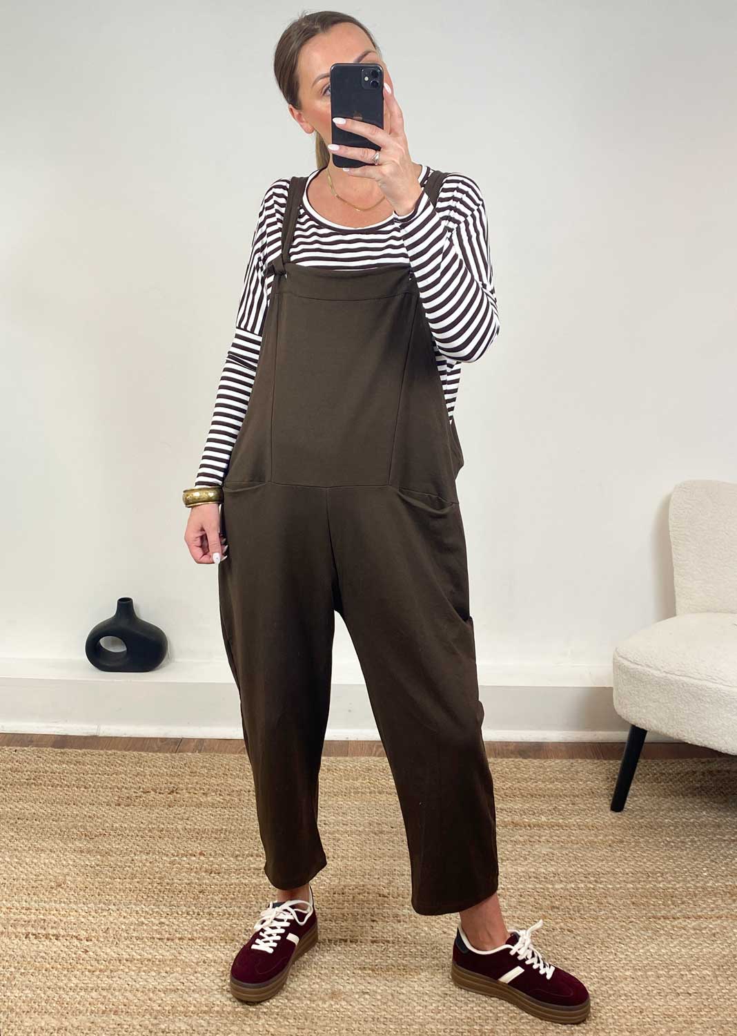 Cressida Jersey Dungarees in Brown