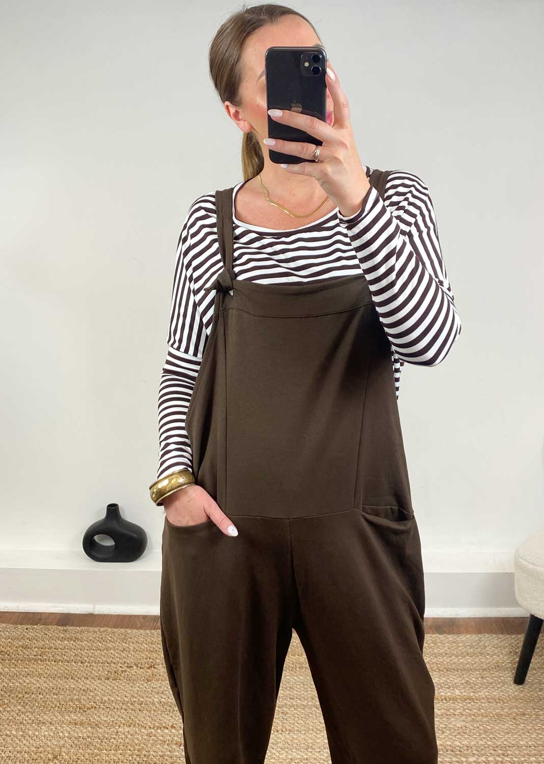 Cressida Jersey Dungarees  Brown