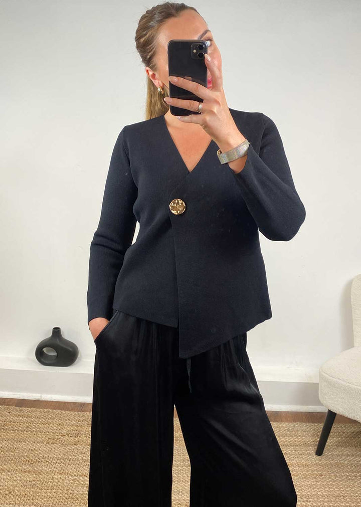 Darlene Gold Button Cardigan in Black