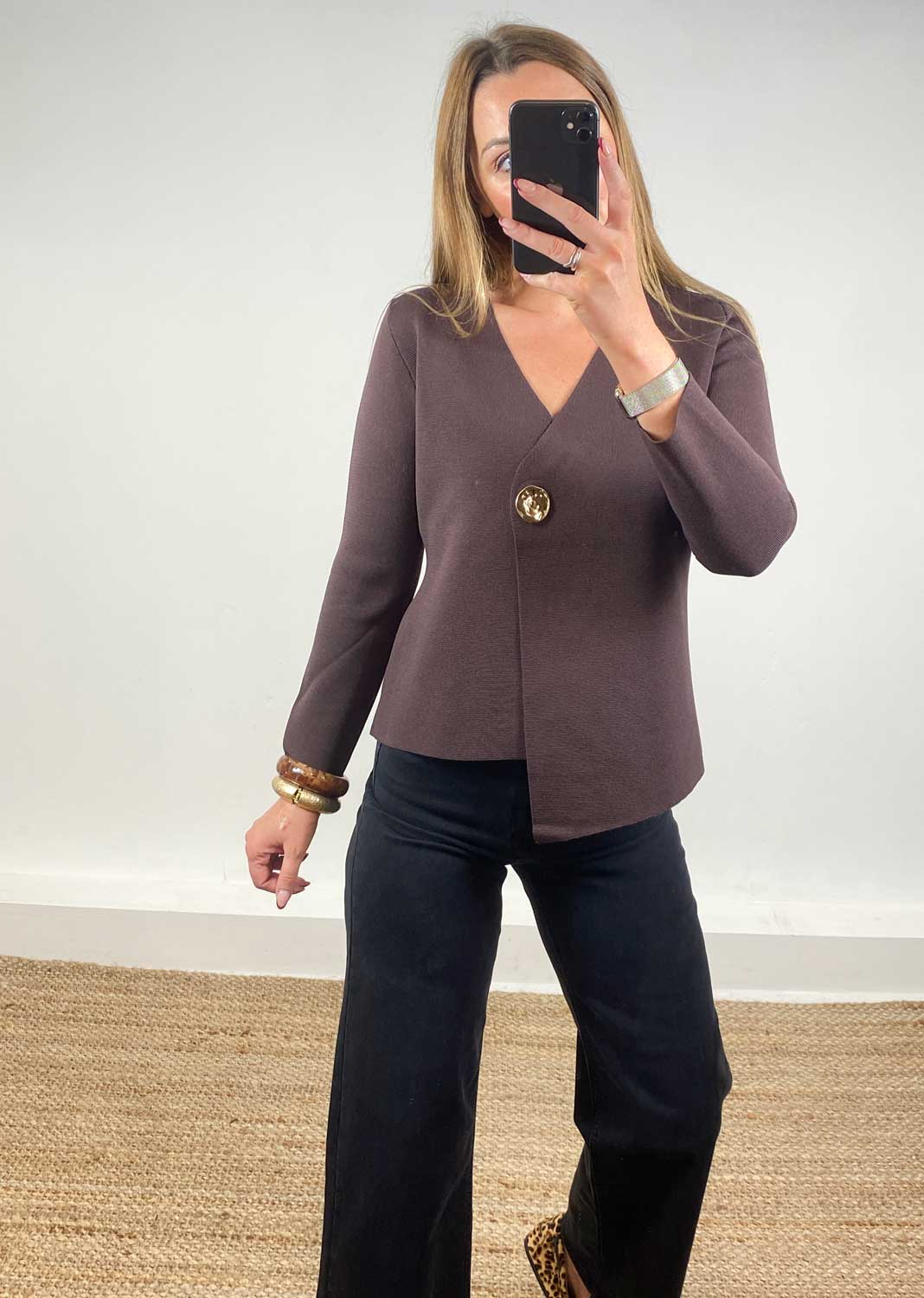 Darlene Gold Button Cardigan in Brown