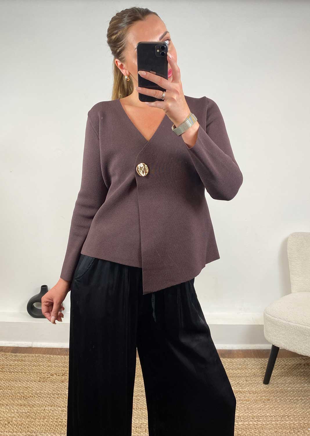 Darlene Gold Button Cardigan in Brown