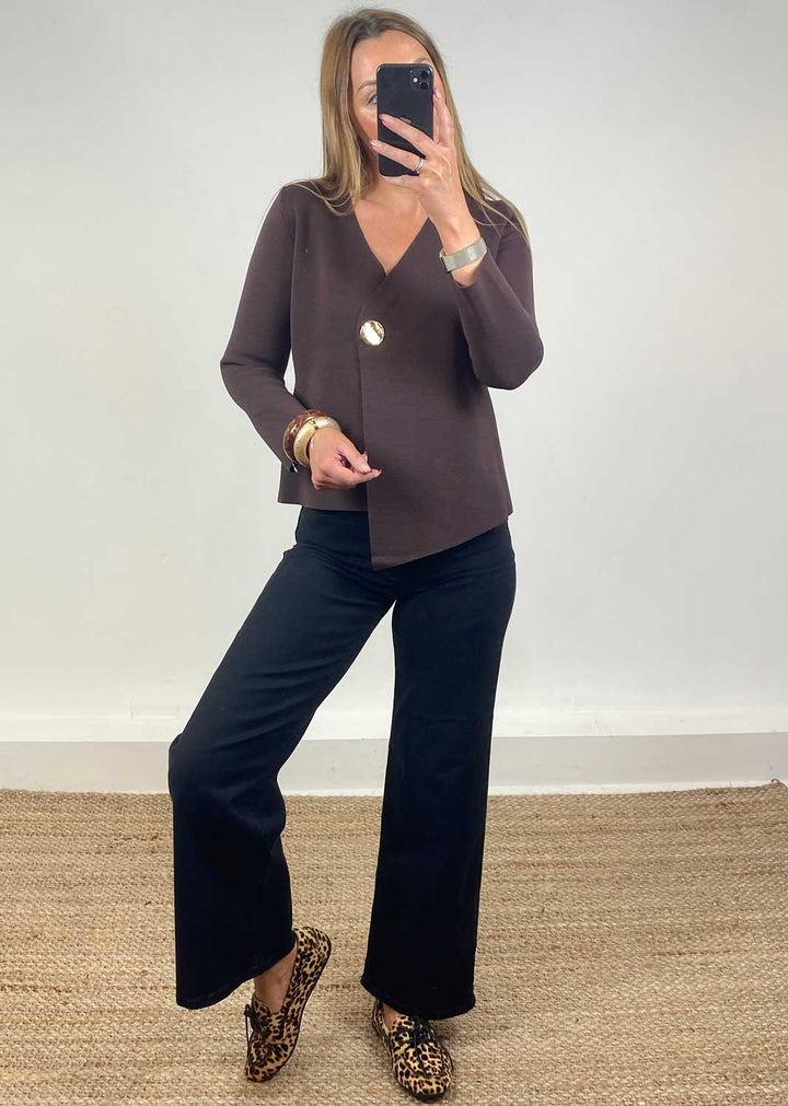 Darlene Gold Button Cardigan in Brown