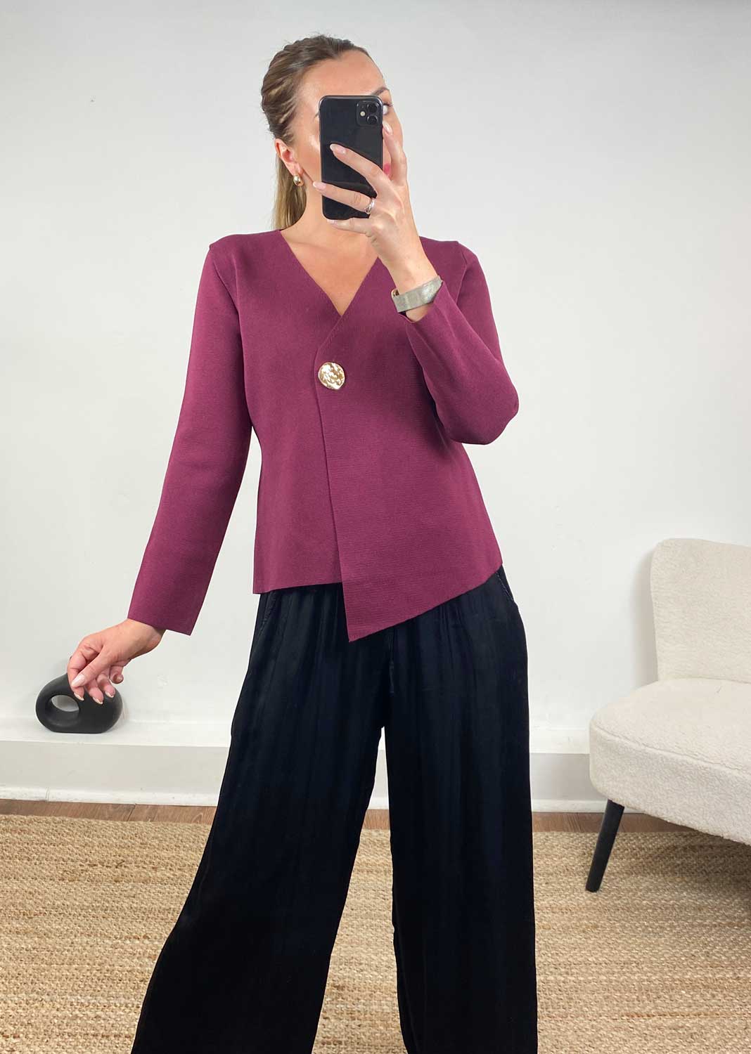 Darlene Gold Button Cardigan  Burgundy