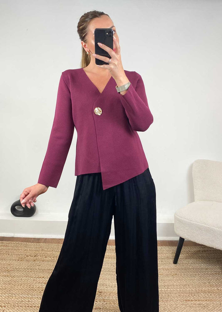 Darlene Gold Button Cardigan  Burgundy