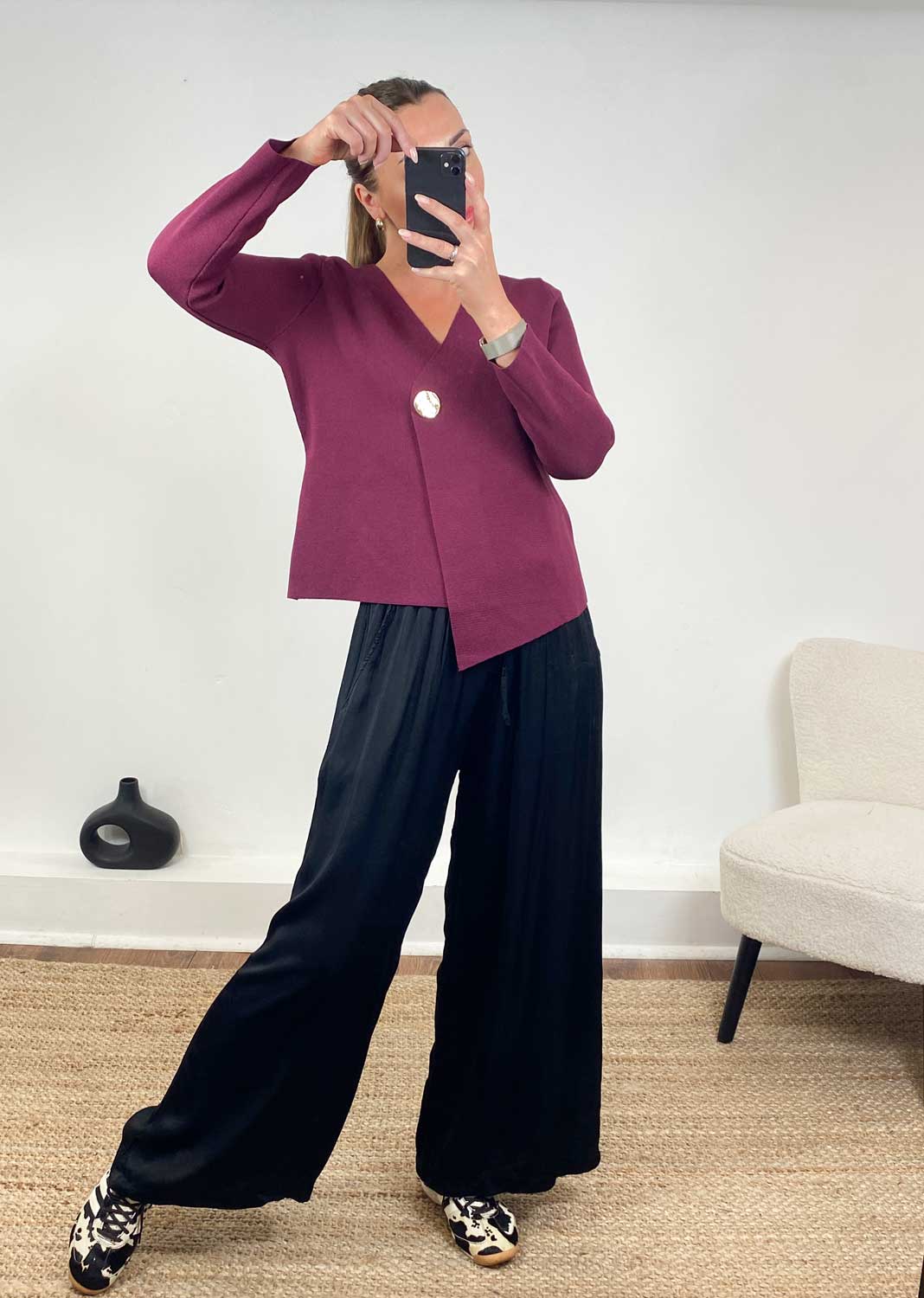 Darlene Gold Button Cardigan  Burgundy
