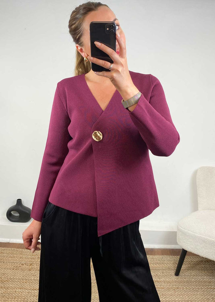 Darlene Gold Button Cardigan  Burgundy