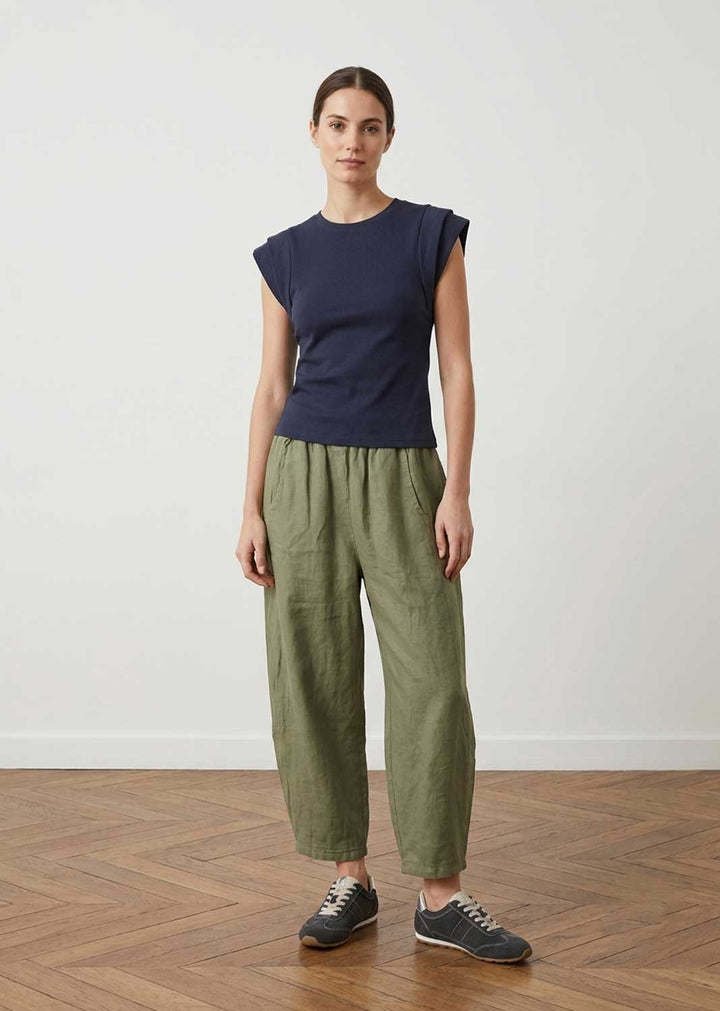 sage green linen barrel pants
