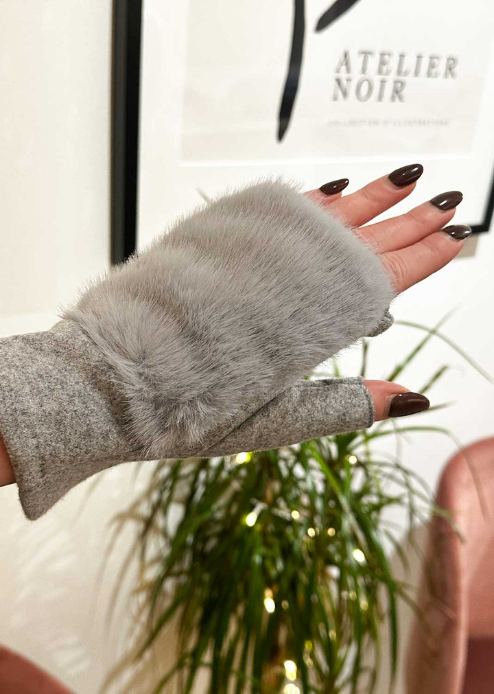 Faux Fur Fingerless Mittens Grey | Bond Fashion UK