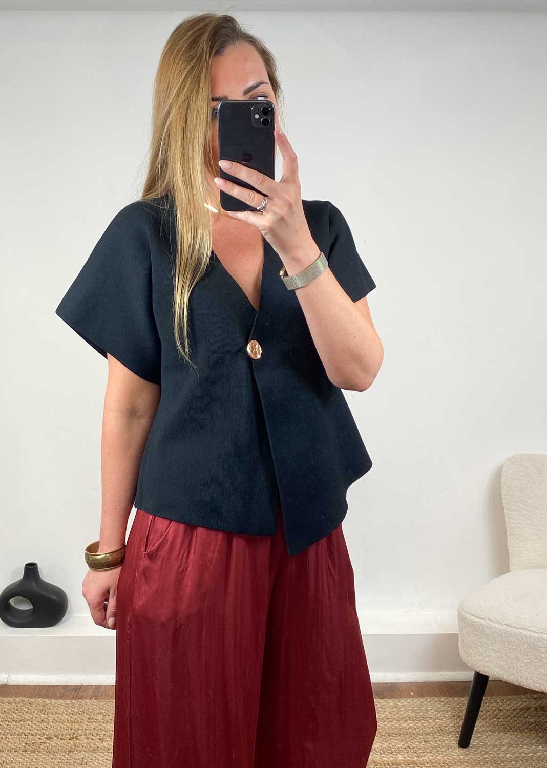 Desiree Gold Button Cardigan in Black
